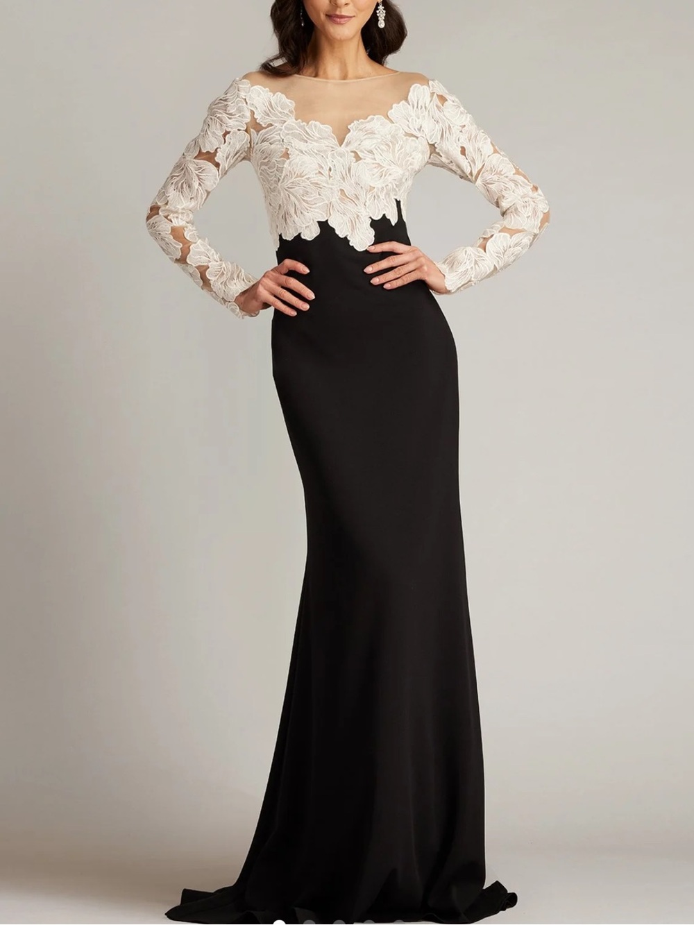 Tadashi Shoji Golie Illusion mermaid Gown Floral Lace Bodice Mixed Media Dress